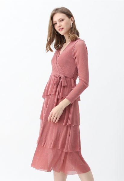 Shimmer Tiered Bowknot Wrap Dress in Coral