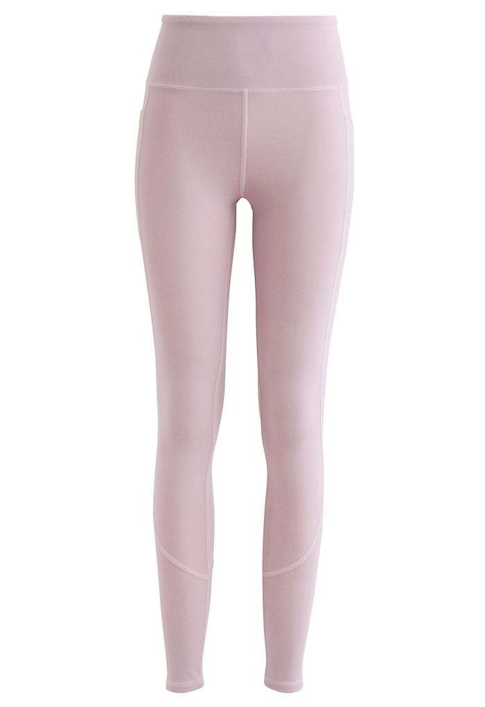 Side Pockets Seam Detail Ankle-Length Leggings in Nude Pink