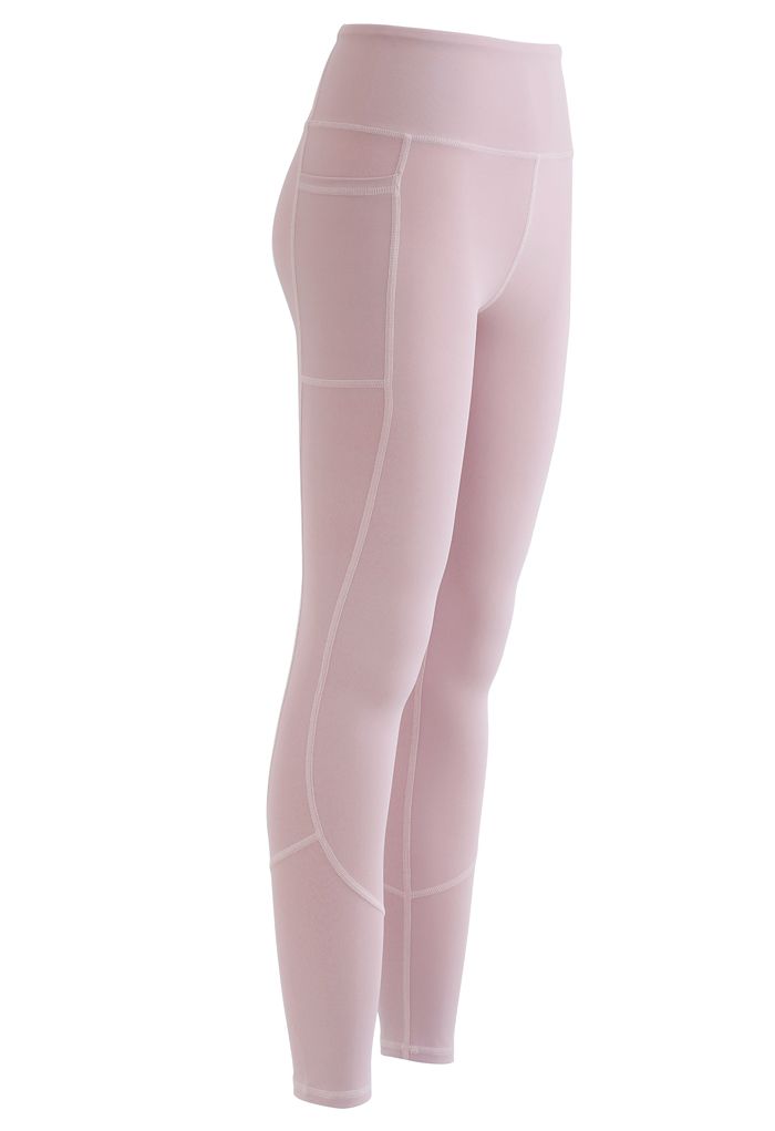 Side Pockets Seam Detail Ankle-Length Leggings in Nude Pink