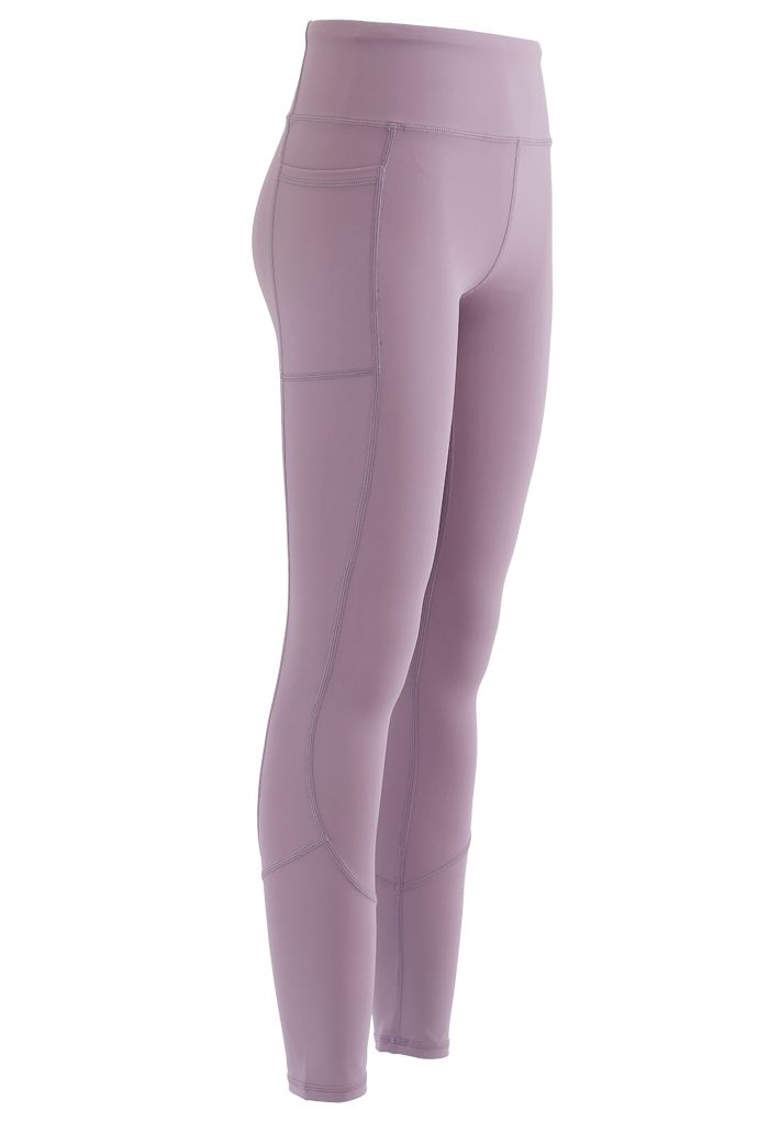 Side Pockets Seam Detail Ankle-Length Leggings in Purple