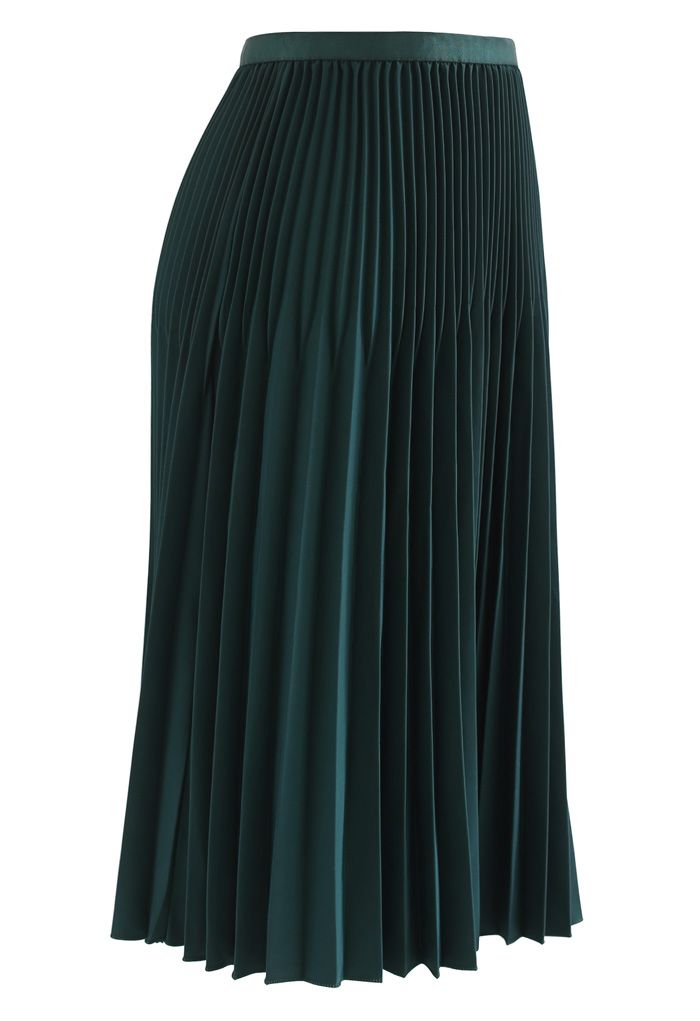 Solid Color Pleated A-Line Midi Skirt in Emerald