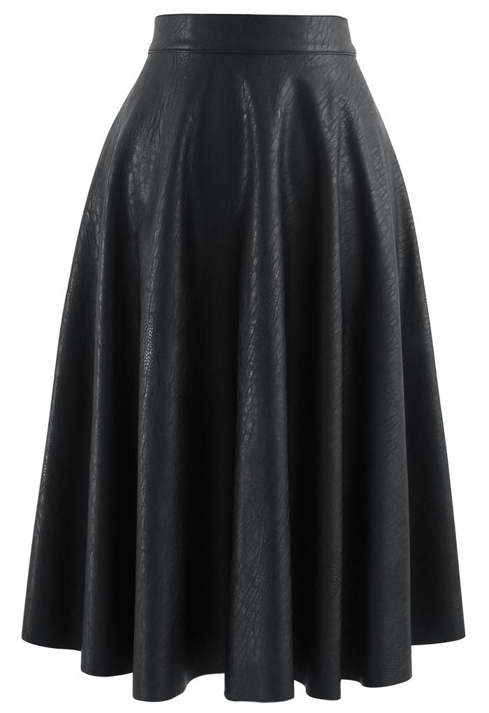 Faux Leather Crocodile Embossed A-Line Midi Skirt in Black