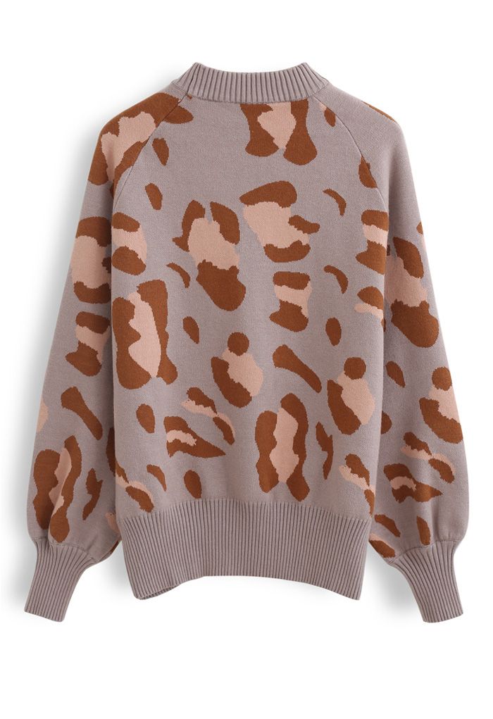 High Neck Irregular Print Ribbed Knit Sweater in Taupe