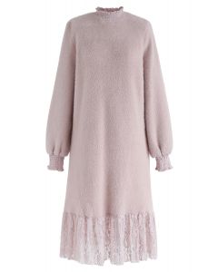 Lace Hem Fluffy Knit Shift Dress in Pink