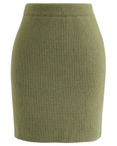 Fluffy Texture Knit Skirt in Army Green