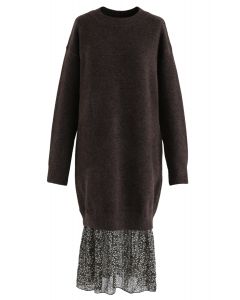 Fake Two-Piece Soft Knit Shift Dress in Brown