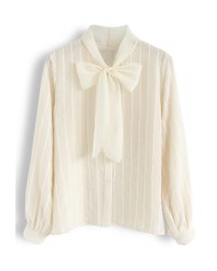 Parallel Mesh Bowknot Neck Sleeves Shirt in Cream