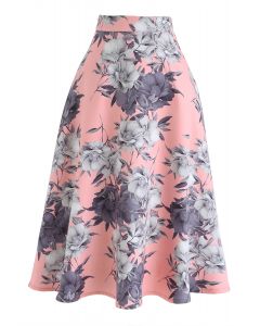 Floral A-Line Flare Midi Skirt in Pink