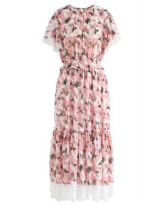 Lush Branches Frilling Chiffon Dress in Pink