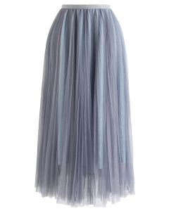 Glittering Mesh Pleated Midi Skirt in Dusty Blue
