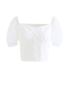 Lace Sleeves Spliced Button Down Crop Top in White