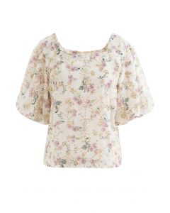 Floral Print Embroidered Bubble Sleeves Chiffon Top in Cream