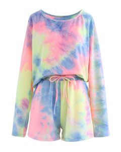 Multi Colored Tie-Dye Long Sleeves Top and Drawstring Shorts Set