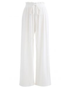 Drawstring Paper-Bag Waist Ribbed Yoga Pants in White