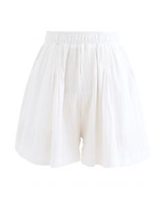 Pintuck Front Pockets Cotton Shorts in White