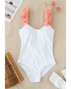 3D Floral Straps Scoop Back Swimsuit in White