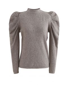 Mock Neck Bubble Sleeves Knit Top in Taupe