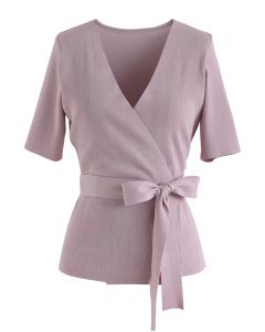 Self-Tied Bowknot Wrapped Knit Top in Pink