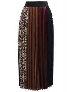 Leopard Detail Pleated Velvet Midi Skirt 