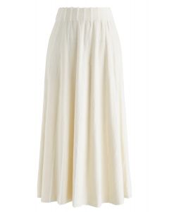 Fuzzy Lines Knit A-Line Midi Skirt in Cream