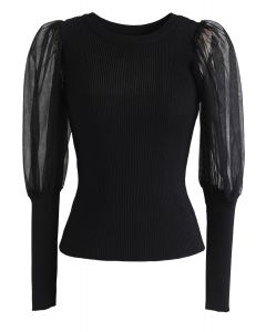 Mesh Bubble-Sleeve Ribbed Knit Top in Black