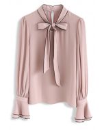 Bowknot Bell Sleeves Chiffon Top in Pink
